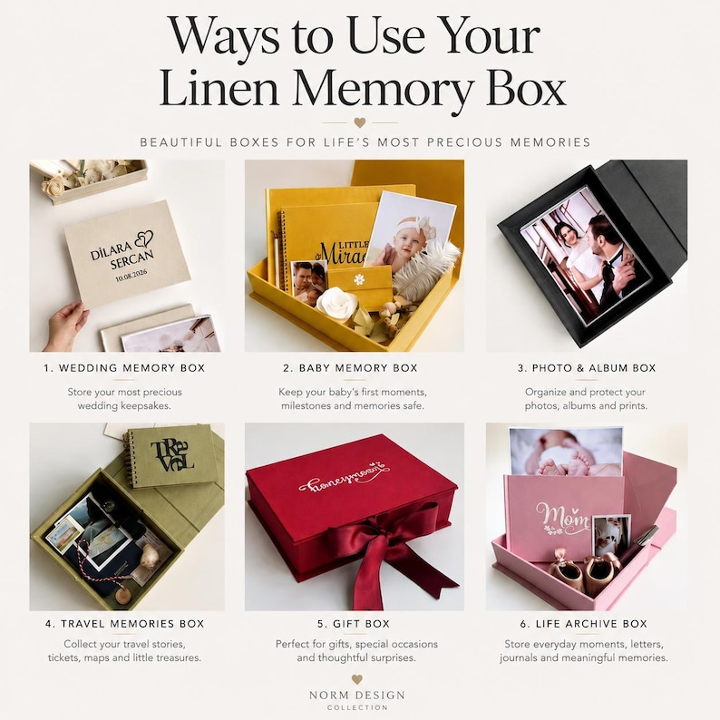 May include: A collage titled Ways to Use Your Linen Memory Box showing six examples of rectangular boxes in various colors including beige, yellow, black, olive green, red, and pink, each containing personal items like photos, albums, and keepsakes.