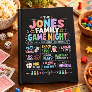 May include: A black hardcover book with colorful text and graphics that read: THE JONES FAMILY GAME NIGHT, GOOD GAMES, GREAT COMPANY, BEST MEMORIES, PLAY ALL THE GAMES, SNACK LIKE A PRO, LAUGH A LOT, NO PHONES, EVERYONE PLAYS, TRASH TALK IS ENCOURAGED, WIN OR LOSE, BE KIND AND HAVE FUN, MAKE MEMORIES, and family time.