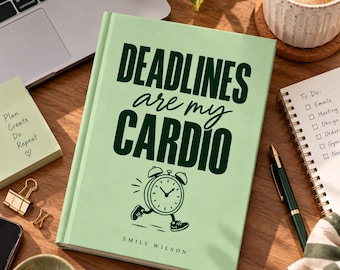 Könnte beinhalten: Ein hellgrünes Hardcover-Buch mit dunkelgrünem Text, der "DEADLINES are my CARDIO" lautet, sowie einer Grafik eines laufenden Weckers. Der Autorenname "EMILY WILSON" ist unten auf dem matten Einband des Buches aufgedruckt.
