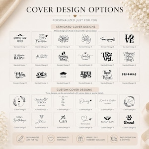 May include: A display of cover design options featuring black text and graphics on a white background. The chart includes standard designs like Happily Ever After and custom designs with names and dates, organized into rows with labels for each style.
