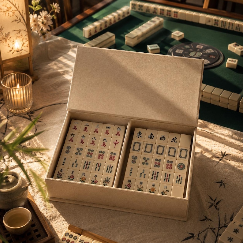 May include: A beige rectangular storage box containing a complete set of ivory-colored mahjong tiles. The tiles are arranged in two compartments, featuring various red, green, and black engraved Chinese characters, floral motifs, and circular patterns.