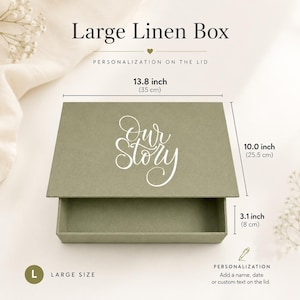 May include: A large sage green linen box with a sliding lid featuring the white text Our Story. The box measures 13.8 inches in width, 10.0 inches in depth, and 3.1 inches in height. The lid is designed for personalization with names or dates.