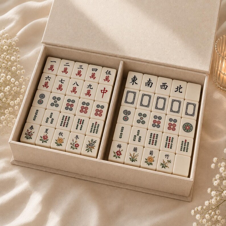 May include: A cream-colored storage box containing a set of off-white mahjong tiles. The tiles feature intricate black, red, and green engraved characters, numbers, and floral illustrations. The set is organized into two compartments within the box.