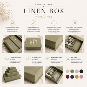 May include: A sage green linen box with a hard cover, featuring customization options for names and dates. The box is designed for multi-purpose storage of photos and keepsakes. It is available in four sizes and eight colors, with a handcrafted finish.