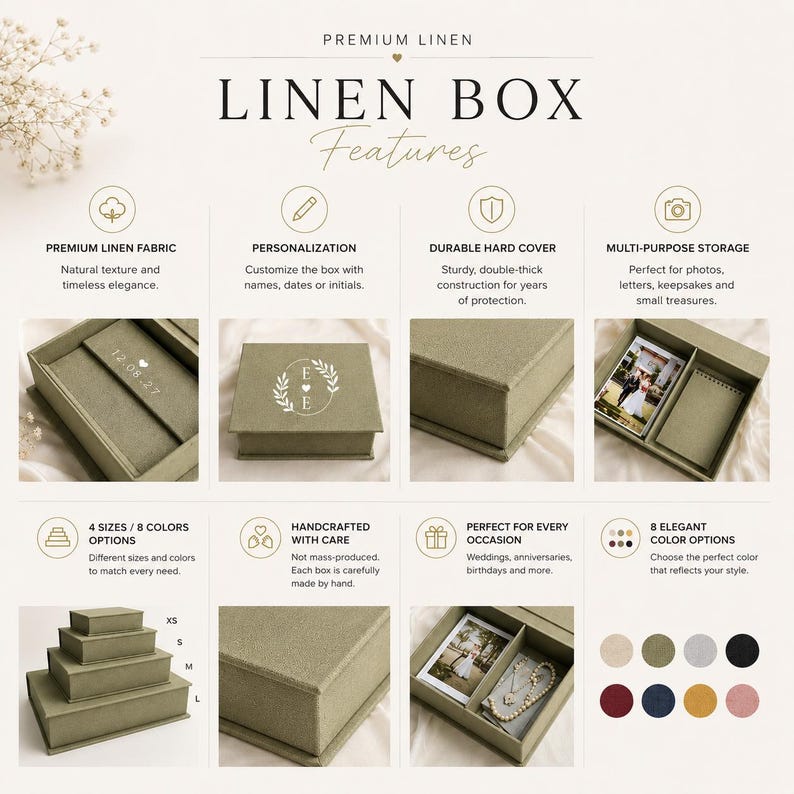May include: A sage green linen box with a hard cover, featuring customization options for names and dates. The box is designed for multi-purpose storage of photos and keepsakes. It is available in four sizes and eight colors, with a handcrafted finish.