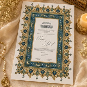 May include: A rectangular Islamic marriage certificate featuring an ornate blue and gold floral border. The center contains black printed text, including the names Merve and Ahmet, with Arabic calligraphy at the top and lines for groom and bride.