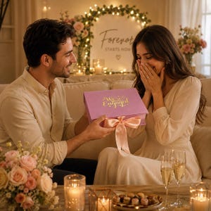 May include: A rectangular lavender gift box with a satin peach ribbon bow and the gold text "We're Engaged" printed on the lid. The box is held by two individuals in a room decorated with flowers, candles, and a sign reading "Forever Starts Now".
