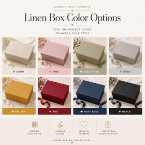 May include: A grid of eight rectangular linen boxes in ivory, pink, sage green, gray, yellow, red, navy blue, and black. The text reads: CHOOSE YOUR FAVORITE, Linen Box Color Options, PICK THE PERFECT COLOR TO MATCH YOUR STYLE, PREMIUM LINEN COVER, TIMELESS DESIGN, MADE TO PRESERVE, PERFECT FOR EVERY OCCASION, NORM DESIGN COLLECTION.