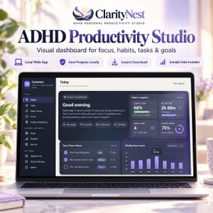 Może przedstawiać: Laptop wyświetlający ClarityNest ADHD Productivity Studio, cyfrowy pulpit w ciemnej kolorystyce do śledzenia zadań i nawyków. Ekran pokazuje widok 'Today' z paskami postępu oraz fioletowy wykres słupkowy przedstawiający tygodniowe trendy.