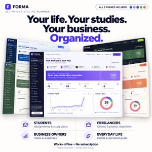 May include: A digital planner interface titled FORMA, featuring multiple dashboard layouts in various colour themes. The screens display task lists, project progress charts, and organisational tools for students, freelancers, and business owners.
