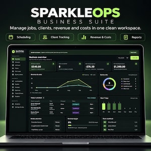 Può includere: Uno schermo di computer portatile che mostra la dashboard di SparkleOps Business Suite con un'interfaccia scura, accenti verdi, grafici, metriche di ricavo e un programma. Il testo recita SparkleOps Business Suite, Manage jobs, clients, revenue and costs in one clean workspace, Scheduling, Client Tracking, Revenue & Costs e Reports.
