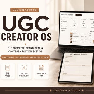 Könnte beinhalten: Ein digitales Organisationssystem mit dem Titel UGC Creator OS auf einem Laptop-Bildschirm, einem Tablet mit Kampagnenplaner und einem Spiralnotizbuch. Das Set enthält ein Smartphone, eine Kamera und eine Kaffeetasse auf einem Schreibtisch.