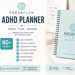 Könnte beinhalten: Ein hellblauer, spiralgebundener ADHD-Planer namens FocusFlow mit einem Gehirn-Symbol. Das Cover zeigt den Text Focus, Plan, Achieve und Progress Over Perfection. Der Planer enthält über 80 Seiten für tägliche, wöchentliche und monatliche Planung, Wellness-Tracker und Produktivitätstools. Kompatibel mit A4, A5, US Letter und Goodnotes.