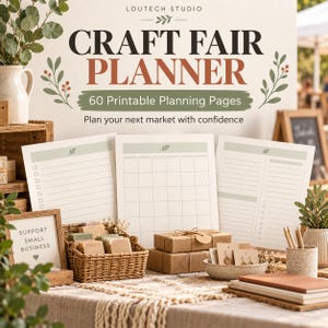 Könnte beinhalten: Ein Kunsthandwerksmarkt-Planer mit 60 druckbaren Planungsseiten mit dem Text Loutech Studio, Craft Fair Planner, 60 Printable Planning Pages und Plan your next market with confidence, präsentiert mit Schreibwaren und Dekor.