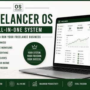 Könnte beinhalten: Ein Laptop zeigt das Freelancer OS Dashboard mit dunkelgrünen und weißen Oberflächenelementen. Der Text umfasst Freelancer OS All-In-One System, Stay Organized, Automate Workflows, Track Everything, Manage Clients, Grow Your Income, Achieve Freedom sowie Your System. Your Freedom. Your Success.