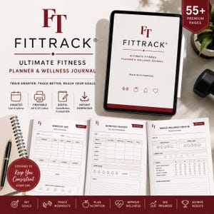 Könnte beinhalten: Ein digitaler Fitnessplaner und Wellness-Journal mit dem Titel FITTRACK auf einem Tablet-Bildschirm, begleitet von drei gedruckten Seiten mit einem Trainingsprotokoll, Ernährungstracker und wöchentlichem Wellness-Check-in.