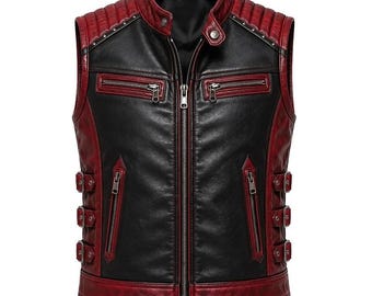 Men's Red Black Biker Vest, Motorcycle Waistcoat, Punk Rock Gothic Sleeveless Jacket, Anniversary Gift