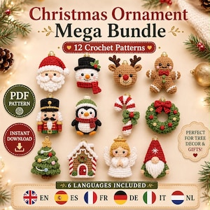 Pacchetto di schemi PDF per decorazioni natalizie all'uncinetto, 12 decorazioni amigurumi, 6 lingue, download immediato.