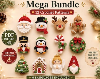 Christmas Ornament Crochet Pattern Bundle PDF, 12 Amigurumi Decorations, 6 Languages, Instant Download