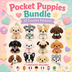May include: A digital graphic titled Pocket Puppies Bundle 12 Crochet Patterns featuring twelve small, crocheted puppy keychains in various breeds and colours, each with a small collar and charm, arranged in a grid against a pastel background.