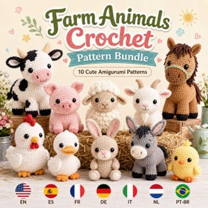 May include: A collection of ten crocheted amigurumi farm animals including a cow, pig, sheep, goat, horse, chicken, duck, rabbit, donkey, and chick. The text reads Farm Animals Crochet Pattern Bundle 10 Cute Amigurumi Patterns with flag icons.