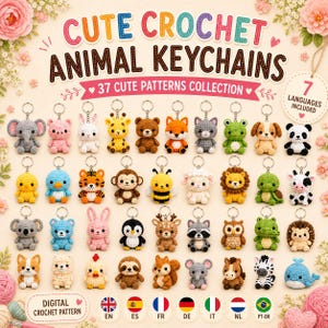 Può includere: Una collezione digitale di 37 schemi all'uncinetto per portachiavi a forma di animale, tra cui elefante, maiale, coniglio, giraffa, orso, volpe, gatto, rana, cane, panda, pulcino, uccello, tigre, scimmia, ape, pecora, leone, tartaruga, mucca, koala, orso, coniglio, pinguino, cervo, procione, gufo, lucertola, riccio, cane, lama, pollo, bradipo, scoiattolo, topo, cavallo, zebra e balena.