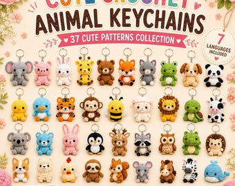 May include: A digital collection of 37 crochet animal keychain patterns featuring an elephant, pig, rabbit, giraffe, bear, fox, cat, frog, dog, panda, chick, bird, tiger, monkey, bee, sheep, lion, turtle, cow, koala, bear, rabbit, penguin, deer, raccoon, owl, lizard, hedgehog, dog, llama, chicken, sloth, squirrel, mouse, horse, zebra, and whale.