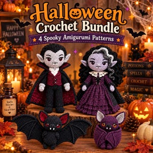 May include: A Halloween crochet bundle featuring four amigurumi patterns: a vampire with a red vest and black cape, a female vampire with a purple dress and black hair, a black bat with red ears, and a purple bat with orange eyes.