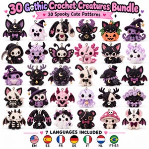 May include: A collection of 30 crochet creatures featuring various designs like bats, ghosts, skulls, and animals in a color palette of black, purple, pink, and white. The text reads 30 Gothic Crochet Creatures Bundle and 30 Spooky Cute Patterns.