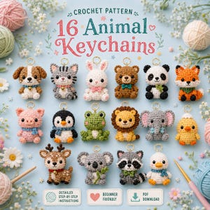 Può includere: Uno schema digitale all'uncinetto per 16 portachiavi a forma di animale tra cui cane, gatto, coniglio, orso, panda, volpe, maiale, pinguino, rana, leone, elefante, pulcino, cervo, koala, procione e anatra, con testo, gomitoli e un uncinetto.