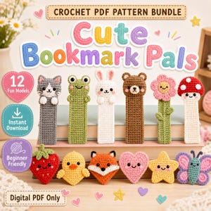 Virkmönsterpaket med bokmärken, 12 kawaii amigurumi-pals (PDF-nedladdning)