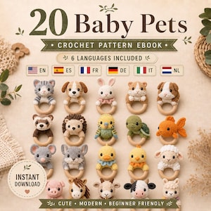 20 modèles de hochets animaux pour bébé au crochet, livre électronique PDF en 6 langues, termes américains