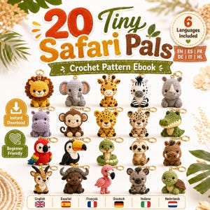 Pode incluir: Um ebook de padrões de crochê intitulado 20 Tiny Safari Pals apresentando vinte pequenos e coloridos chaveiros de animais em crochê, incluindo leão, elefante, girafa, zebra, rinoceronte, hipopótamo, macaco, leopardo, guepardo, crocodilo, papagaio, tucano, cobra, suricato, javali, antílope, búfalo, flamingo, hiena e tartaruga.