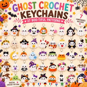 May include: A digital crochet pattern collection titled Ghost Crochet Keychains featuring 37 boo-tiful patterns. The image displays 40 unique ghost-themed keychains with various accessories like hats, pumpkins, flowers, and costumes on a light background.