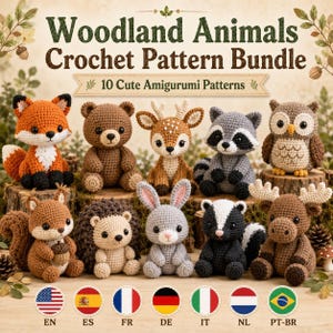 Puede incluir: Un paquete de patrones de ganchillo de animales del bosque con 10 diseños amigurumi. La imagen muestra diez animales tejidos a ganchillo, incluyendo un zorro, oso, ciervo, mapache, búho, ardilla, erizo, conejo, mofeta y alce, con banderas.