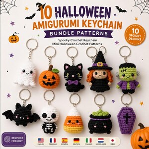 Könnte beinhalten: Eine digitale Anzeige mit 10 Halloween-Amigurumi-Schlüsselanhänger-Mustern, darunter ein Geist, ein Kürbis, eine schwarze Katze, eine Hexe, ein Frankenstein-Monster, eine Fledermaus, ein Skelett, ein Zuckermais, ein Kessel und ein Sarg.