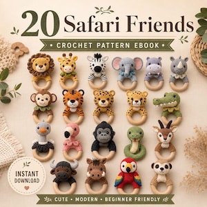 20 Safari Friends Virkade Skallra Mönster PDF, Baby Animal Bitleksaker Amigurumi, Virkade Safari Djur E-bok