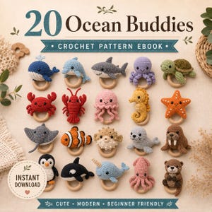 以下が含まれることがあります： 20 Ocean Buddiesと題されたかぎ針編みのパターン電子書籍で、20種類の海の生き物が紹介されています。クジラ、サメ、タコ、カメなど、それぞれの動物が木製のリングに取り付けられています。表紙にはインスタントダウンロードのバッジが含まれています。