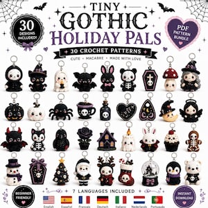 May include: A digital PDF pattern bundle titled Tiny Gothic Holiday Pals featuring 30 crochet patterns for small, themed keychains. The image displays 30 individual crochet figures, including ghosts, bats, skulls, pumpkins, and holiday icons.