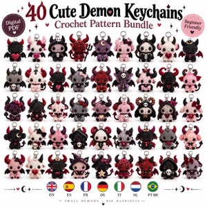 Może przedstawiać: Cyfrowy pakiet wzorów szydełkowych w formacie PDF zatytułowany 40 Cute Demon Keychains, zawierający czterdzieści małych szydełkowanych figurek demonów z różnymi dodatkami, takimi jak serca, czaszki, kokardki i korony, ułożonych w siatce.