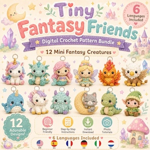Può includere: Un pacchetto di schemi per uncinetto digitali intitolato Tiny Fantasy Friends che presenta 12 mini creature fantastiche tra cui un unicorno, un drago, una sirena, una fata, una fenice, un grifone, un narvalo, un pony alato, un mostro, un gatto sulla luna, un dinosauro e un elfo, con 6 lingue incluse.
