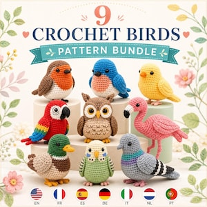 Puede incluir: Una colección de nueve figuras de aves tejidas a ganchillo que incluye un petirrojo, un azulejo, un pollito amarillo, un loro, un búho, un flamenco, un pato real, un periquito y una paloma. El texto 9 CROCHET BIRDS PATTERN BUNDLE aparece arriba.