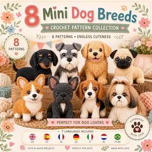 8 mini-virkmönster för hundar i PDF-paket, amigurumi-hundar på 7 språk