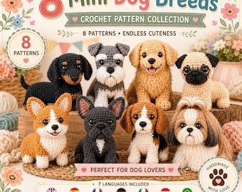 以下が含まれることがあります： 8種類のミニ犬種の編み図デジタルコレクション。ダックスフント、シュナウザー、ゴールデンレトリバー、パグ、コーギー、フレンチブルドッグ、ビーグル、シーズーの完成したあみぐるみの写真と、花柄の装飾が施されたデザイン。