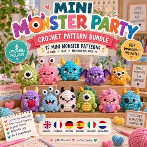 Pode incluir: Um pacote de padrões de crochê intitulado Mini Monster Party apresentando 12 pequenas figuras de monstros coloridas. A imagem inclui texto indicando 6 idiomas, download em PDF e instruções passo a passo para designs fofos e simples.