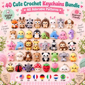 Pode incluir: Um pacote digital em PDF com 40 padrões de crochê para chaveiros de diversos animais e objetos, incluindo uma raposa, coruja, pinguim, tartaruga, baleia, polvo, leão, girafa, elefante, zebra, macaco, vaca, porco, ovelha, cavalo, urso, panda e morango.