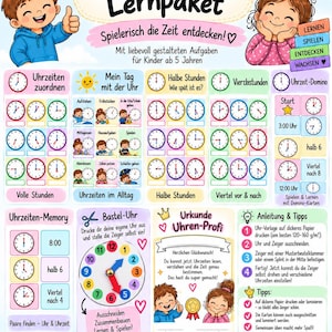 May include: An educational learning pack titled Uhrzeiten Lernpaket featuring colourful illustrations of children, clock faces, and daily routine activities. The sheet includes sections for matching times, domino games, memory games, and a DIY paper clock template.