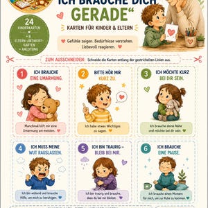 May include: A printable sheet of 24 children's cards and 8 parent response cards titled Mama, Ich Brauche Dich Gerade. The cards feature colorful illustrations of children expressing emotions and needs, with German text instructions for cutting out the cards.