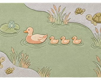 Duck Nursery Rug, Turtle Pond Area Rug, Animal Kids Carpet, Green Hand Tufted Wool Rug, Custom Playroom Room Decor, Nursery Decor Carpet