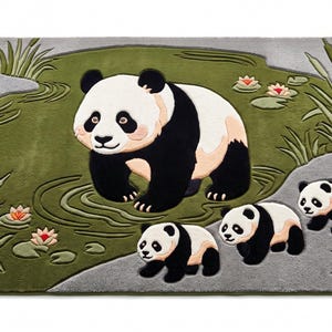 Op de afbeelding: Een rechthoekig vloerkleed met een getuft ontwerp van een grote panda en drie kleinere pandawelpen die door een groen vijverlandschap lopen met hoog gras, lisdodden en roze waterlelies op een grijze en groene achtergrond.